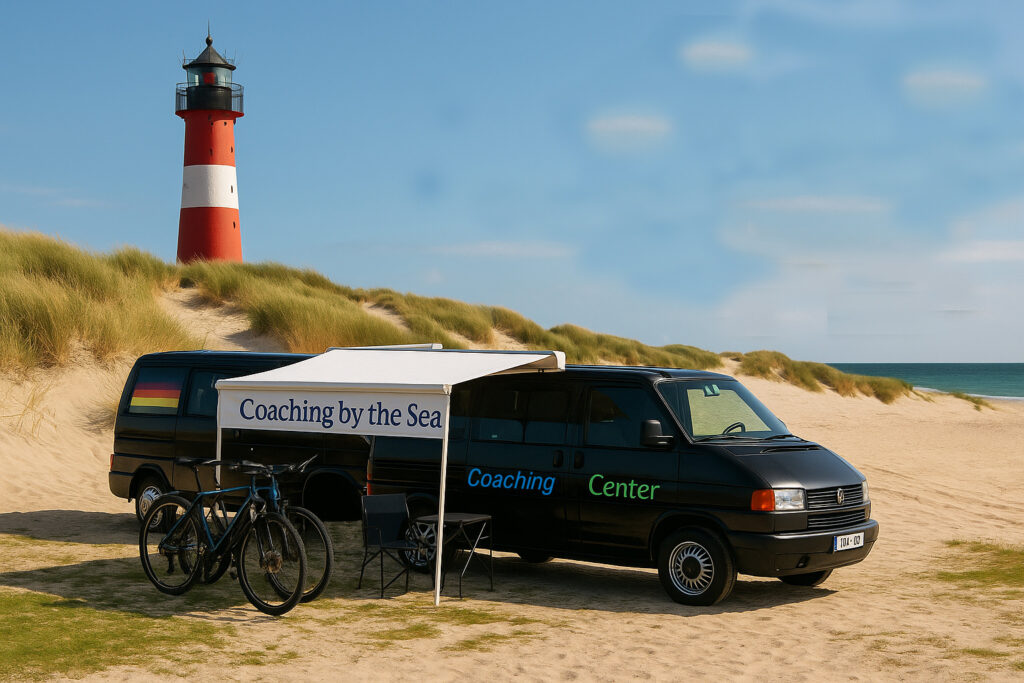 Coaching Anhänger mit VW T4 in den Dünen mit Leuchtturm