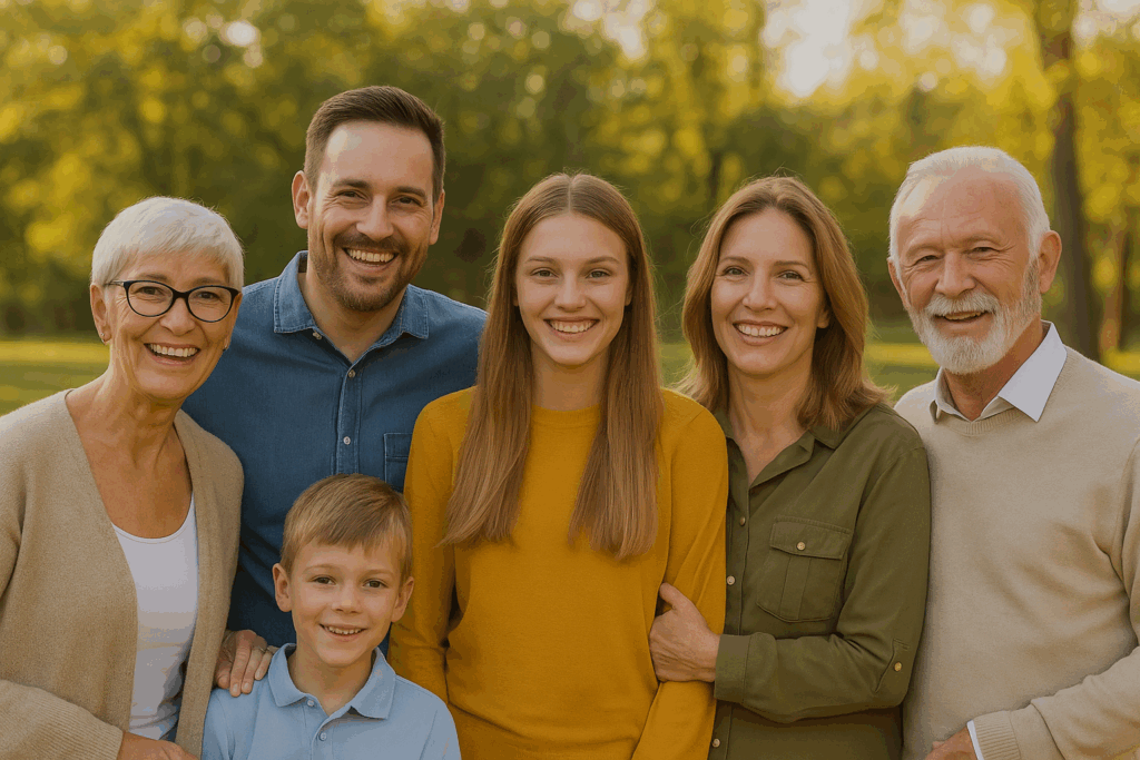Personen aller Altersgruppen, männlich und weiblich, wirkt familiär